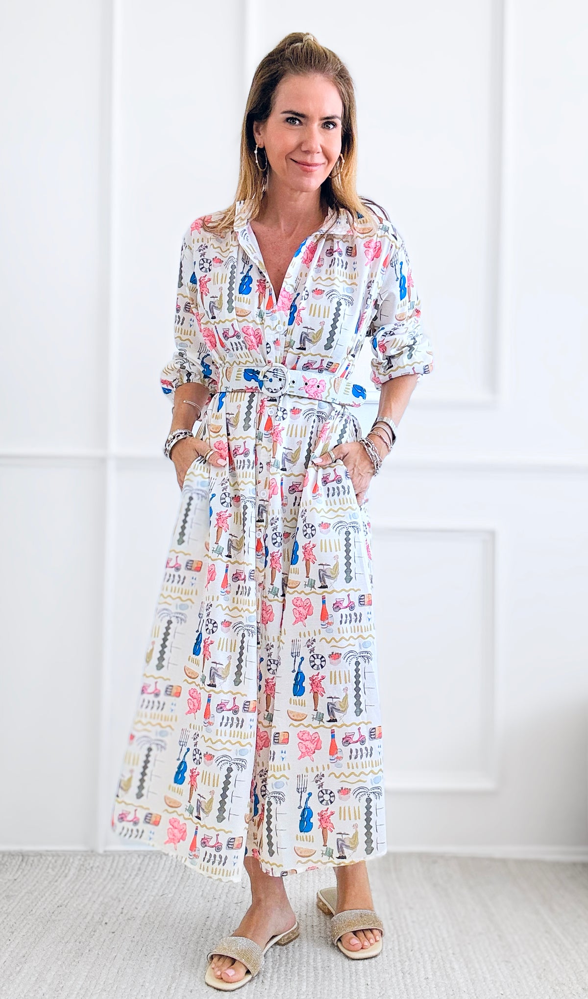 Belt Waisted Long Sleeve Printed Dress-200 Dresses/Jumpsuits/Rompers-SUNDAYUP-Coastal Bloom Boutique, find the trendiest versions of the popular styles and looks Located in Indialantic, FL