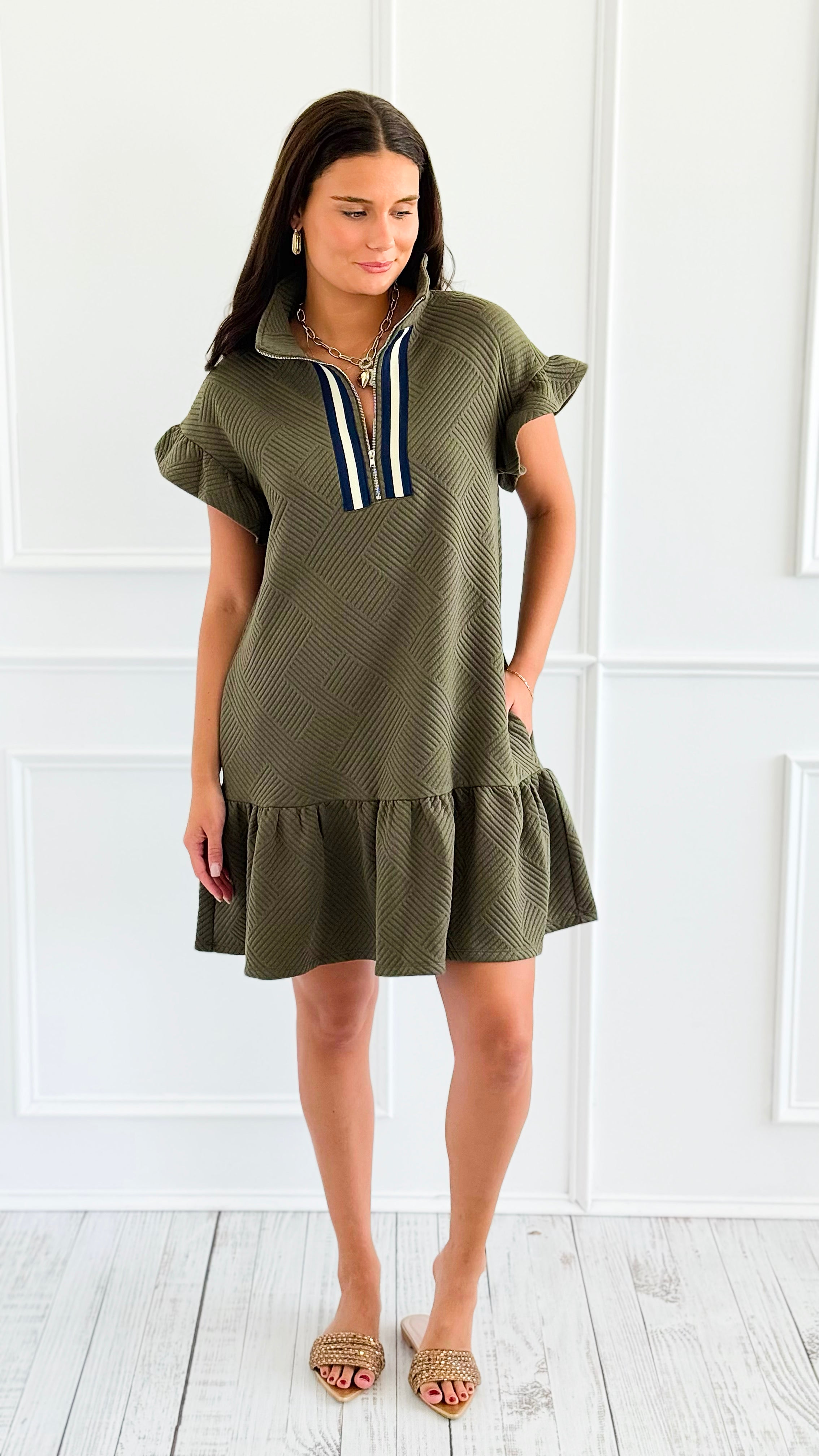 Jet Set Go Quilted Zip Mini Dress - Olive-200 Dresses/Jumpsuits/Rompers-she + sky-Coastal Bloom Boutique, find the trendiest versions of the popular styles and looks Located in Indialantic, FL