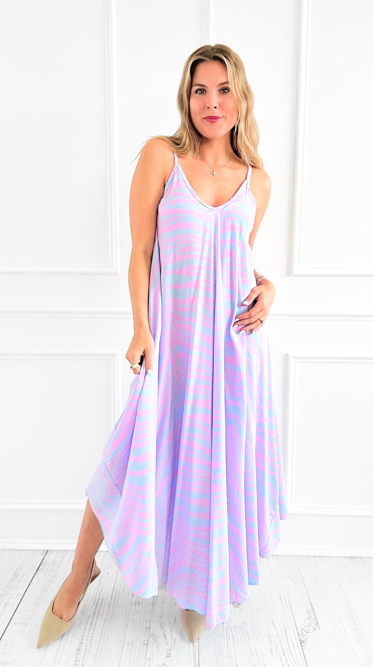Waves Of Ease Italian Long Dress- Lilac/Blue-170 Bottoms-Italianissimo-Coastal Bloom Boutique, find the trendiest versions of the popular styles and looks Located in Indialantic, FL