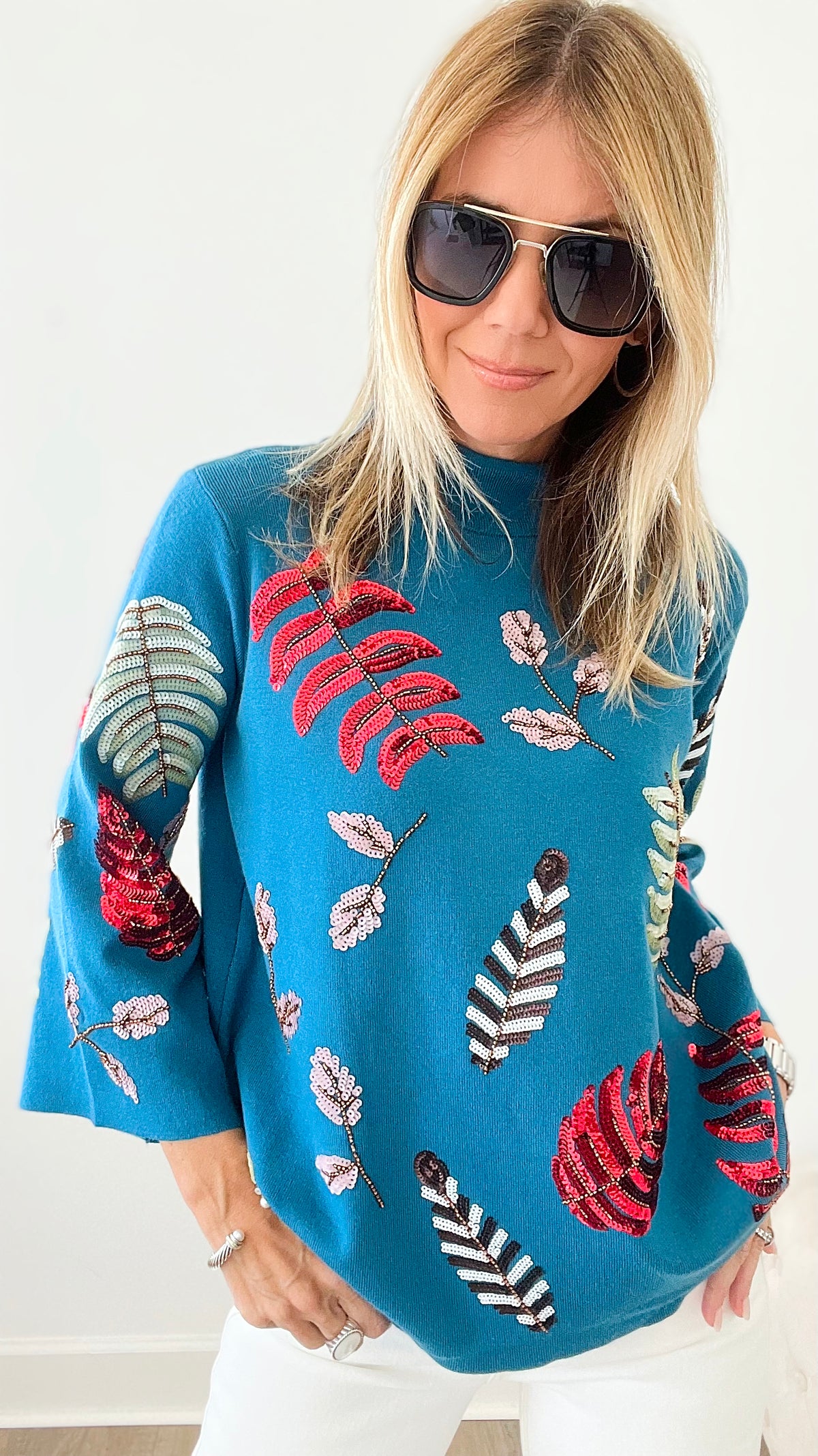 Falling For you Mock Neck Sweater - Teal-130 Long Sleeve Tops-Fate Inc-Coastal Bloom Boutique, find the trendiest versions of the popular styles and looks Located in Indialantic, FL
