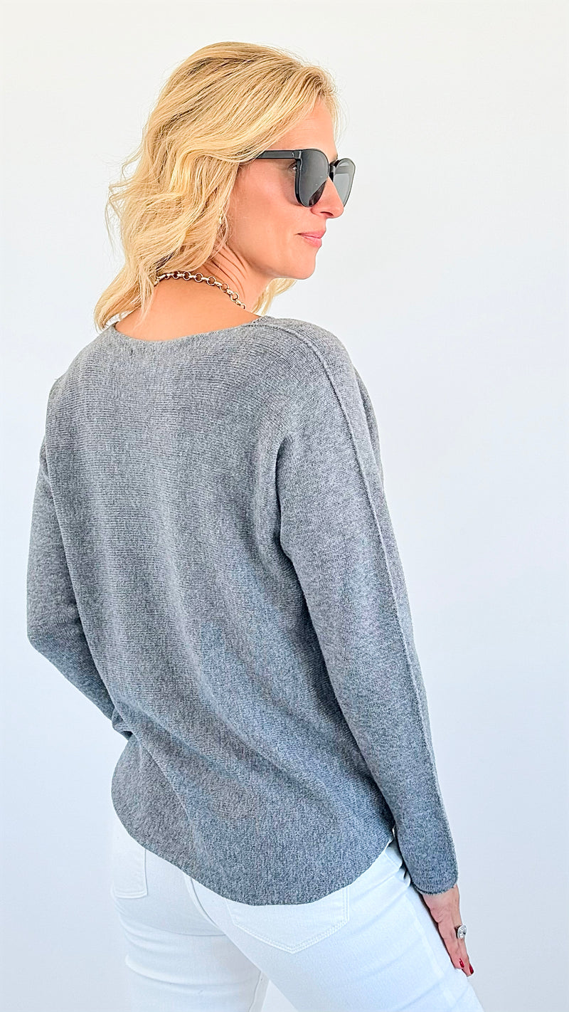 Soho Italian V-Neck Pullover - Heather Gray-140 Sweaters-Italianissimo-Coastal Bloom Boutique, find the trendiest versions of the popular styles and looks Located in Indialantic, FL