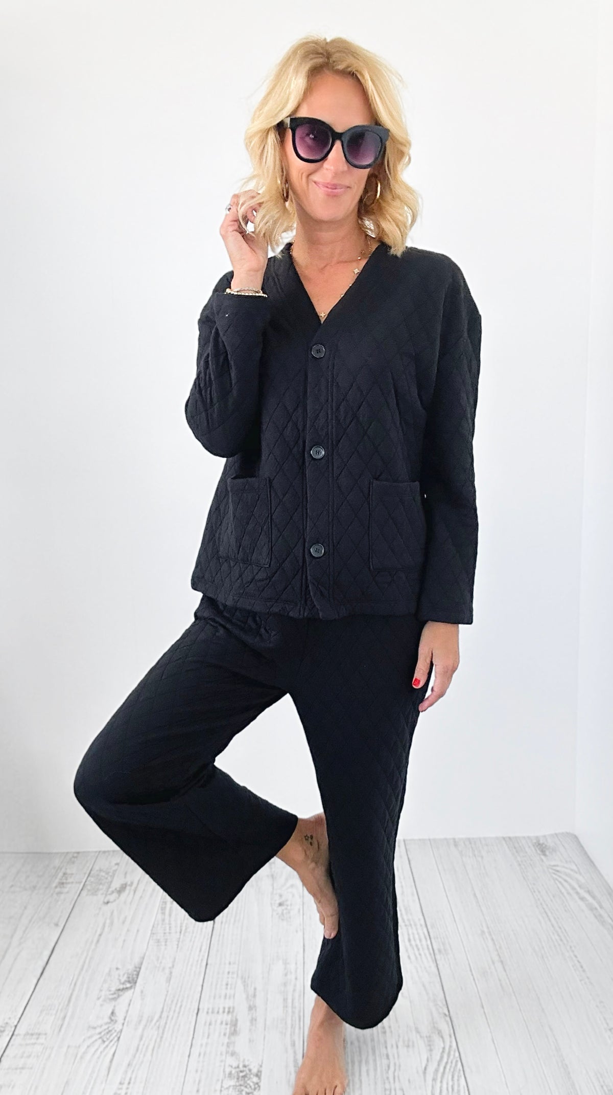 Quilted Jacket and Pants Set - Black-210 Loungewear/Sets-Zenana-Coastal Bloom Boutique, find the trendiest versions of the popular styles and looks Located in Indialantic, FL