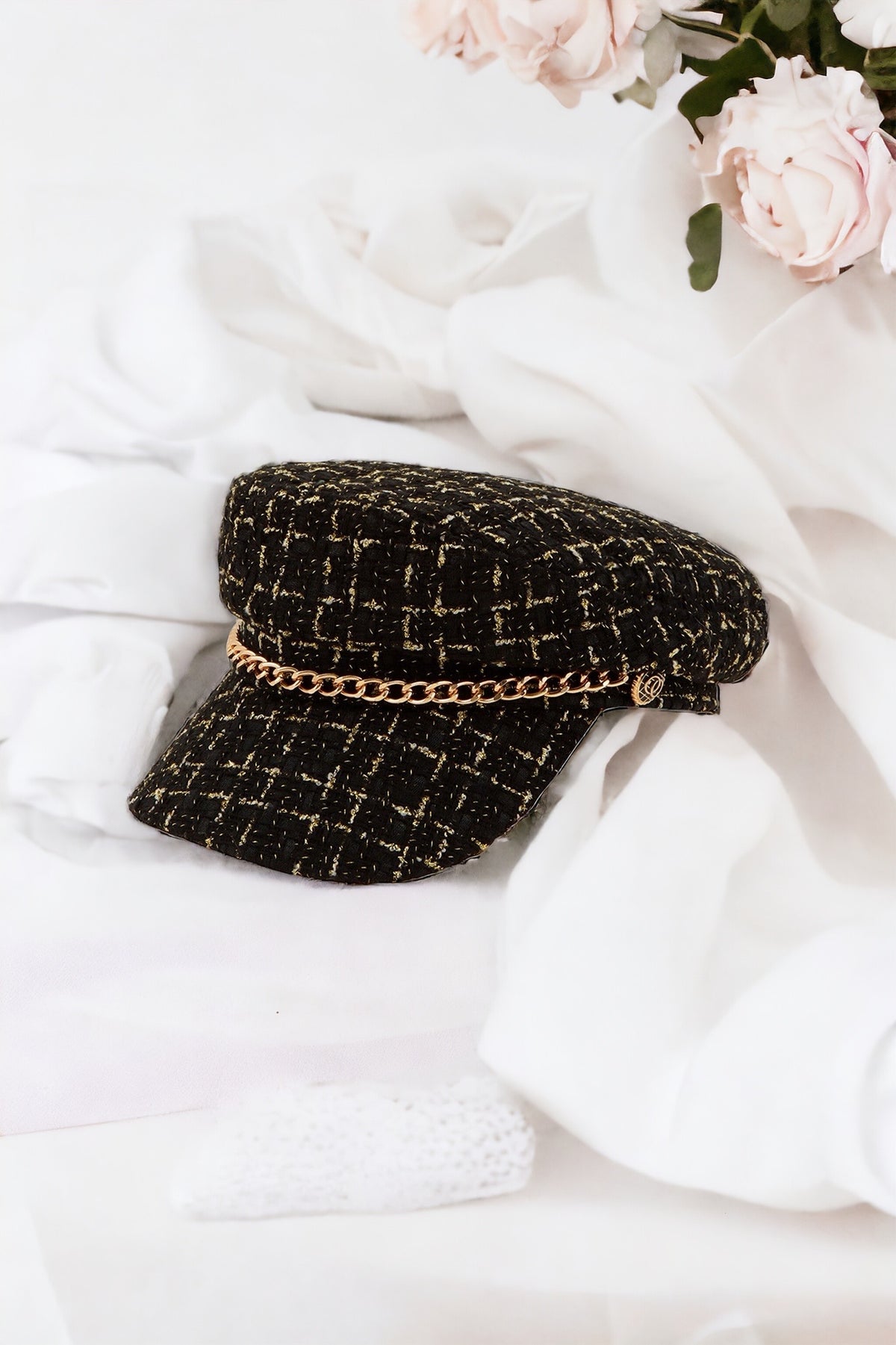 Tweed Beret Chain Hat - Black-260 Other Accessories-ICCO ACCESSORIES-Coastal Bloom Boutique, find the trendiest versions of the popular styles and looks Located in Indialantic, FL