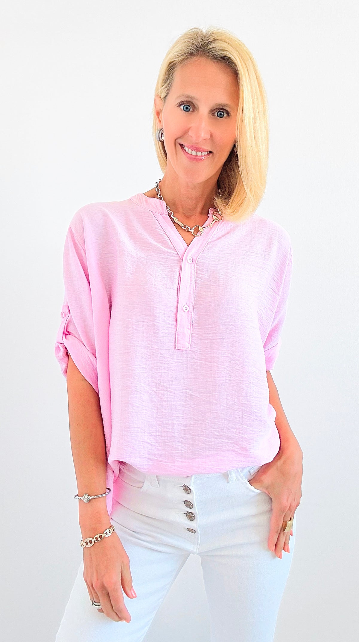 Chic Ease Italian Button-Up Top- Pink-110 short Sleeve Top-Italianissimo-Coastal Bloom Boutique, find the trendiest versions of the popular styles and looks Located in Indialantic, FL