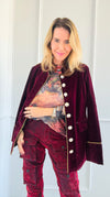 Majestic Velvet Military Blazer - Claret-160 Jackets-Cezele-Coastal Bloom Boutique, find the trendiest versions of the popular styles and looks Located in Indialantic, FL