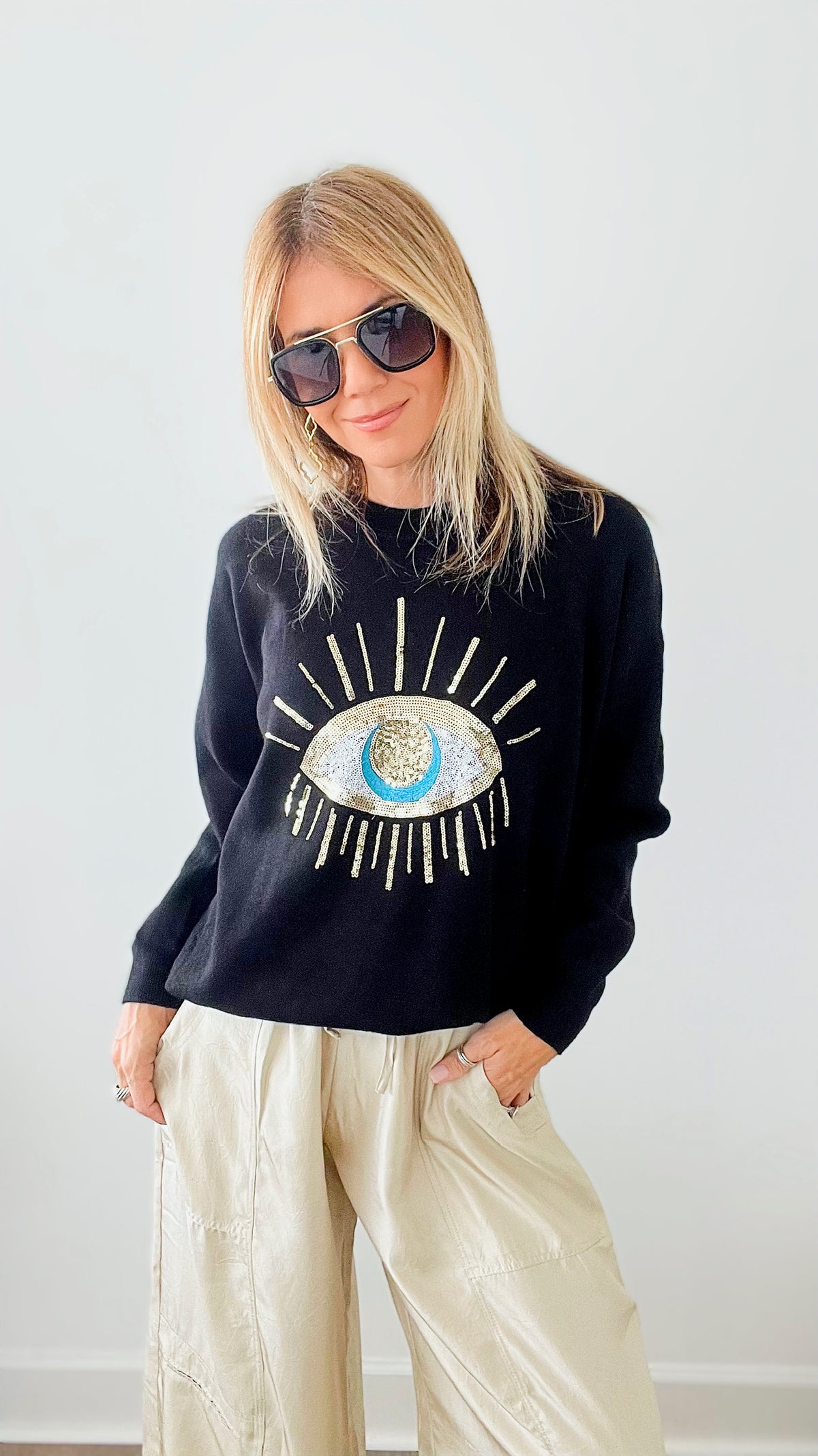 The Eyes Have It Italian Pullover - Black-140 Sweaters-Yolly-Coastal Bloom Boutique, find the trendiest versions of the popular styles and looks Located in Indialantic, FL