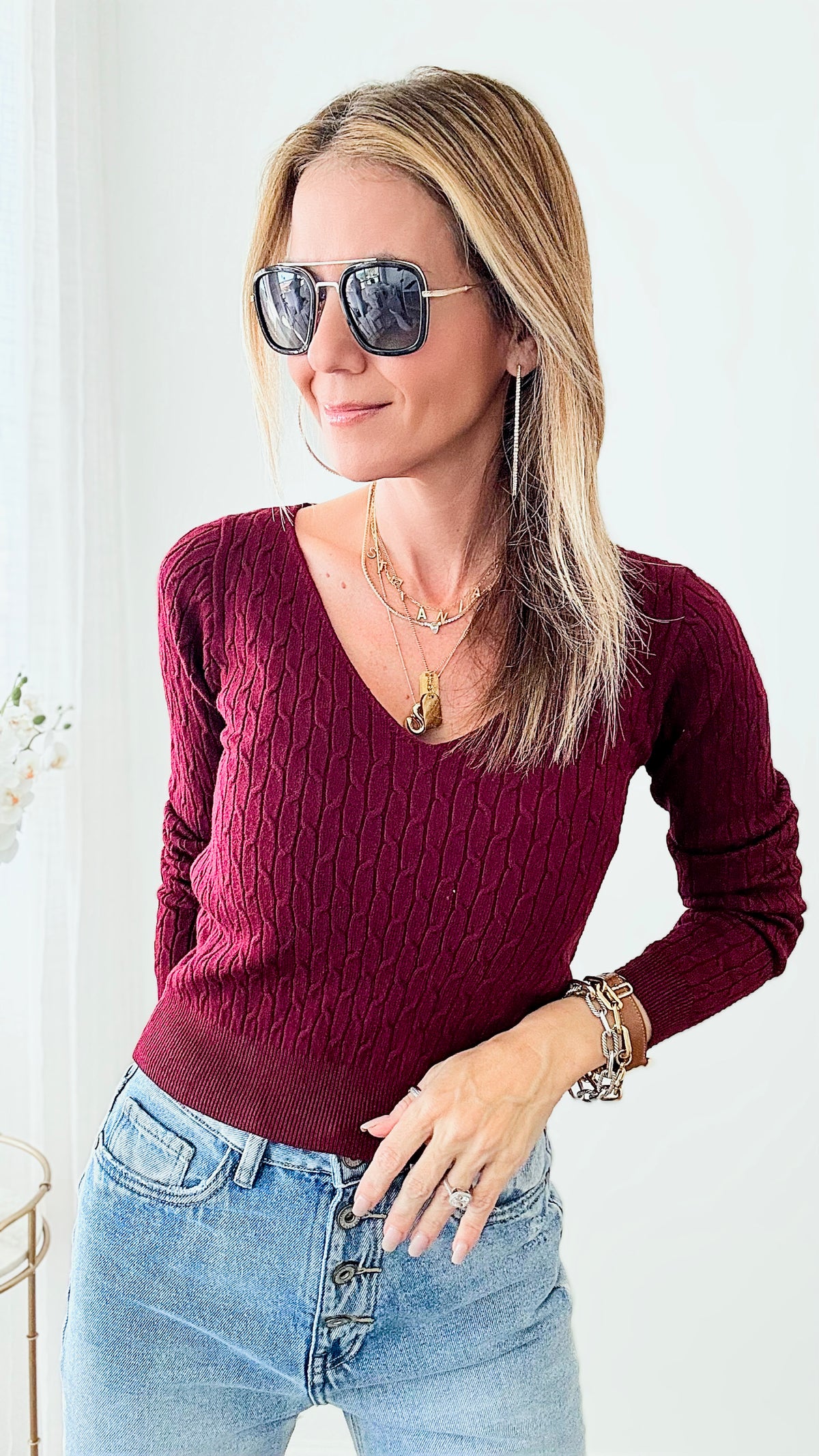 Ribbed V Neck Sweater - Burgundy-140 Sweaters-Michel-Coastal Bloom Boutique, find the trendiest versions of the popular styles and looks Located in Indialantic, FL
