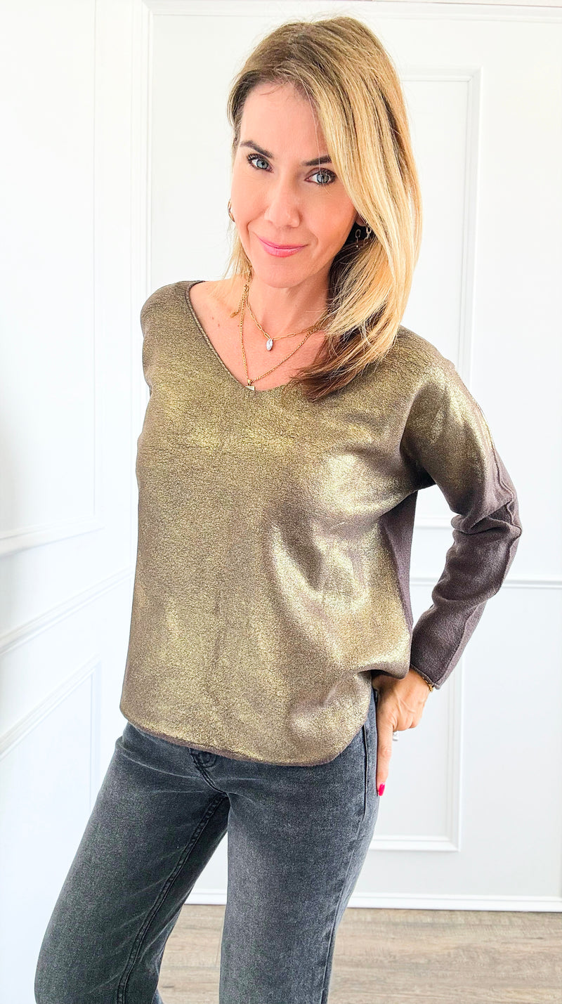 Gold Shine V-Neck Italian Pullover- Brown-140 Sweaters-Italianissimo-Coastal Bloom Boutique, find the trendiest versions of the popular styles and looks Located in Indialantic, FL