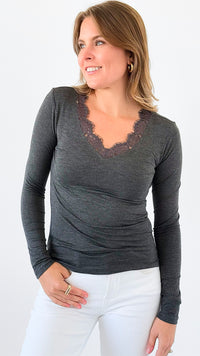 Soft Embrace Lace Trim Top - Charcoal-130 Long Sleeve Tops-mystree-Coastal Bloom Boutique, find the trendiest versions of the popular styles and looks Located in Indialantic, FL