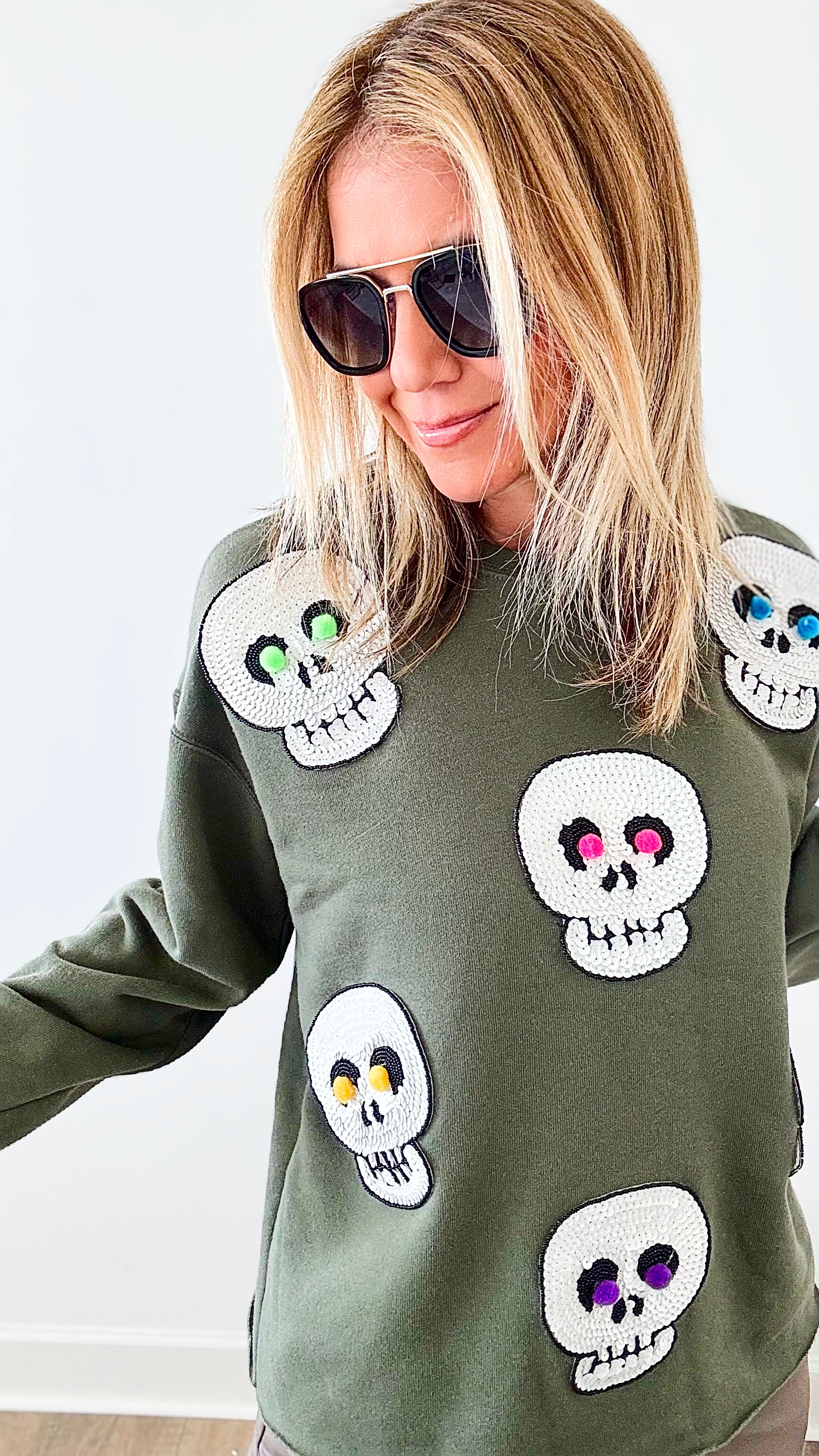 Shimmer Skulls Sweater - Army Green-140 Sweaters-Coastal Bloom-Coastal Bloom Boutique, find the trendiest versions of the popular styles and looks Located in Indialantic, FL