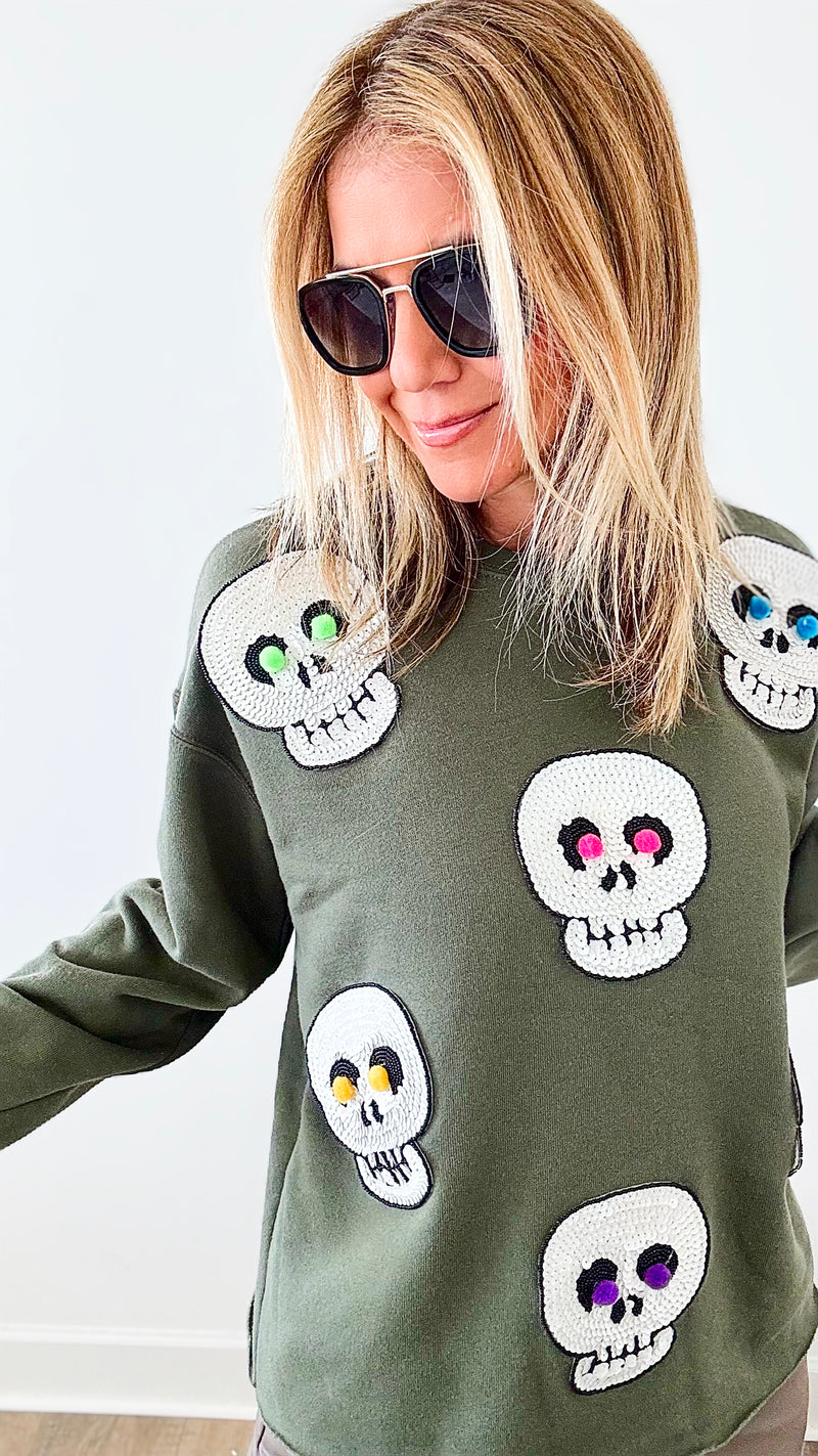 Shimmer Skulls Sweater - Army Green-140 Sweaters-Coastal Bloom-Coastal Bloom Boutique, find the trendiest versions of the popular styles and looks Located in Indialantic, FL