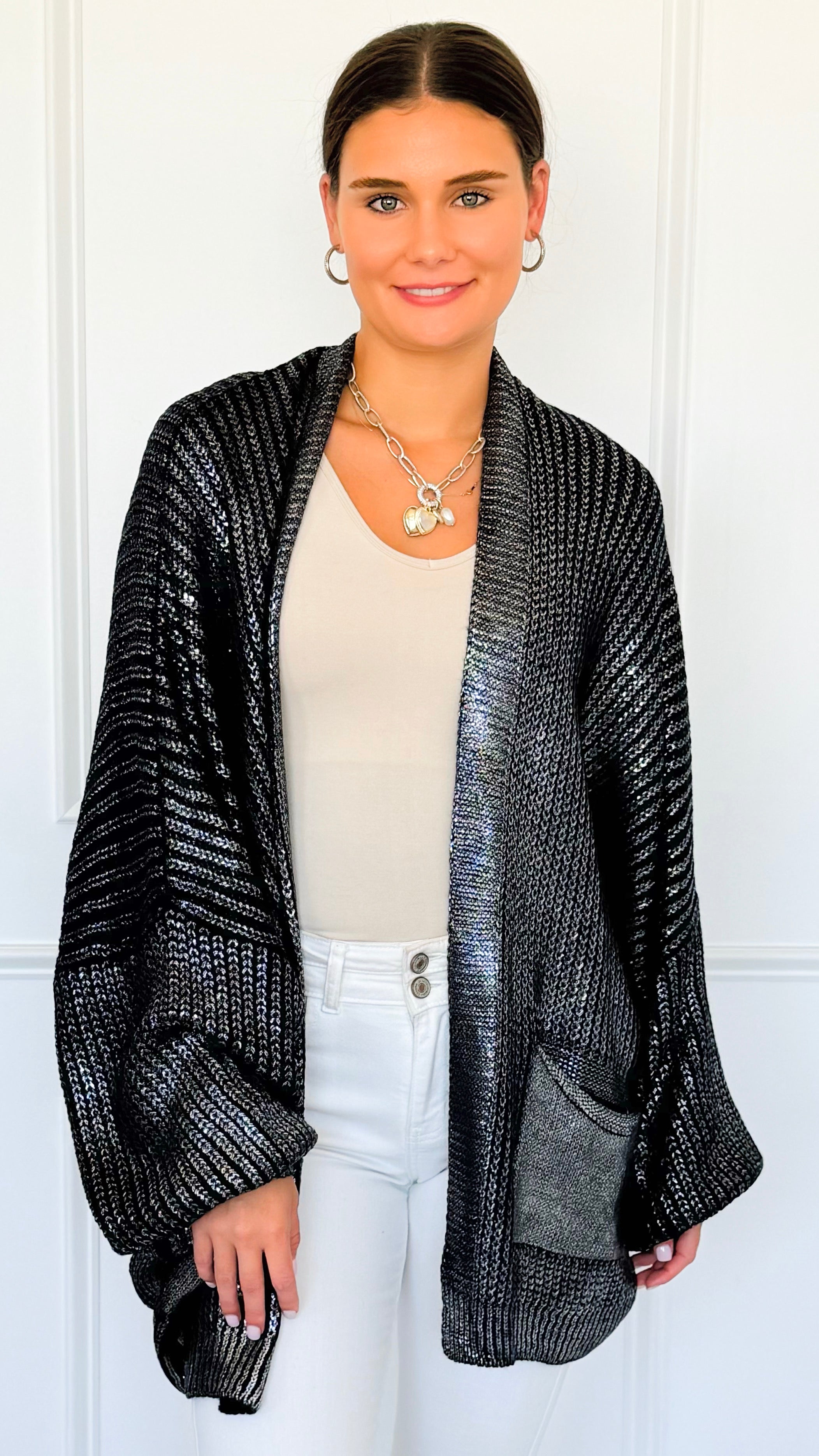 Mirrored Metallic Sugar High Italian Cardigan- Navy/ Silver-150 Cardigan Layers-Italianissimo-Coastal Bloom Boutique, find the trendiest versions of the popular styles and looks Located in Indialantic, FL