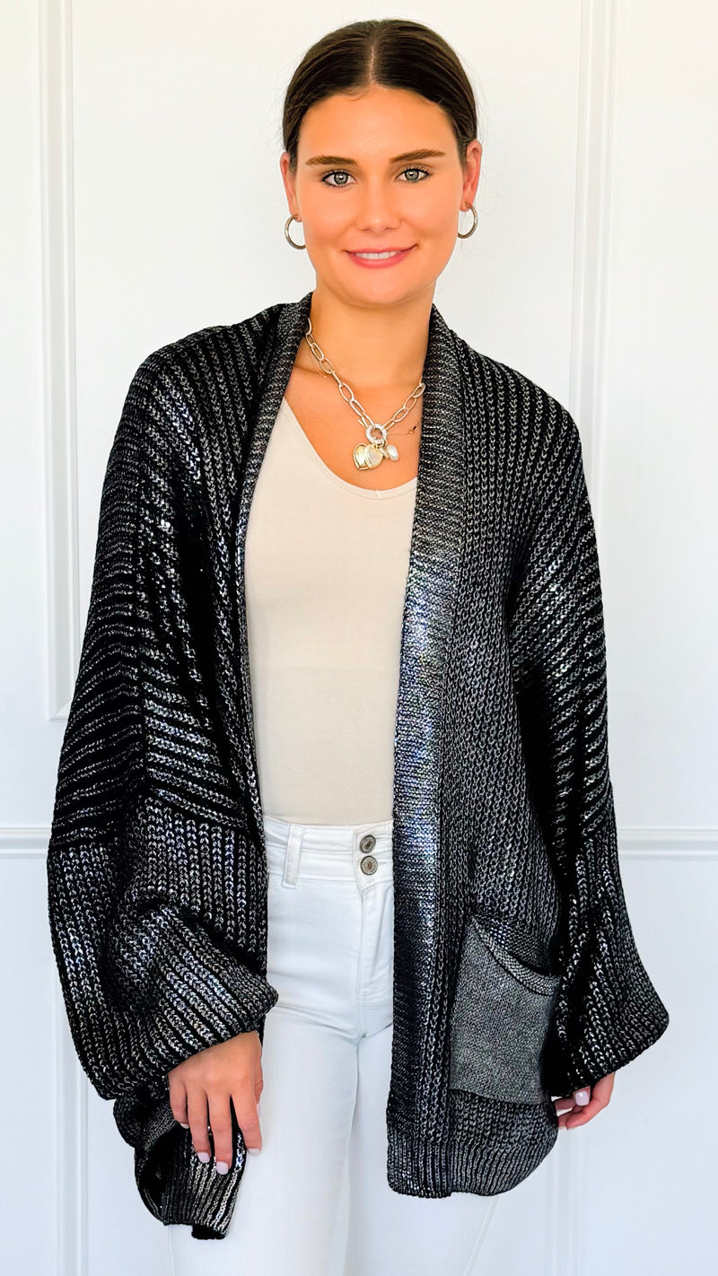 Mirrored Metallic Sugar High Italian Cardigan- Navy/ Silver-150 Cardigan Layers-Italianissimo-Coastal Bloom Boutique, find the trendiest versions of the popular styles and looks Located in Indialantic, FL