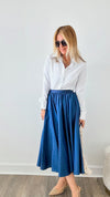 Gored Light Denim Midi Skirt-170 Bottoms-TABA-Coastal Bloom Boutique, find the trendiest versions of the popular styles and looks Located in Indialantic, FL