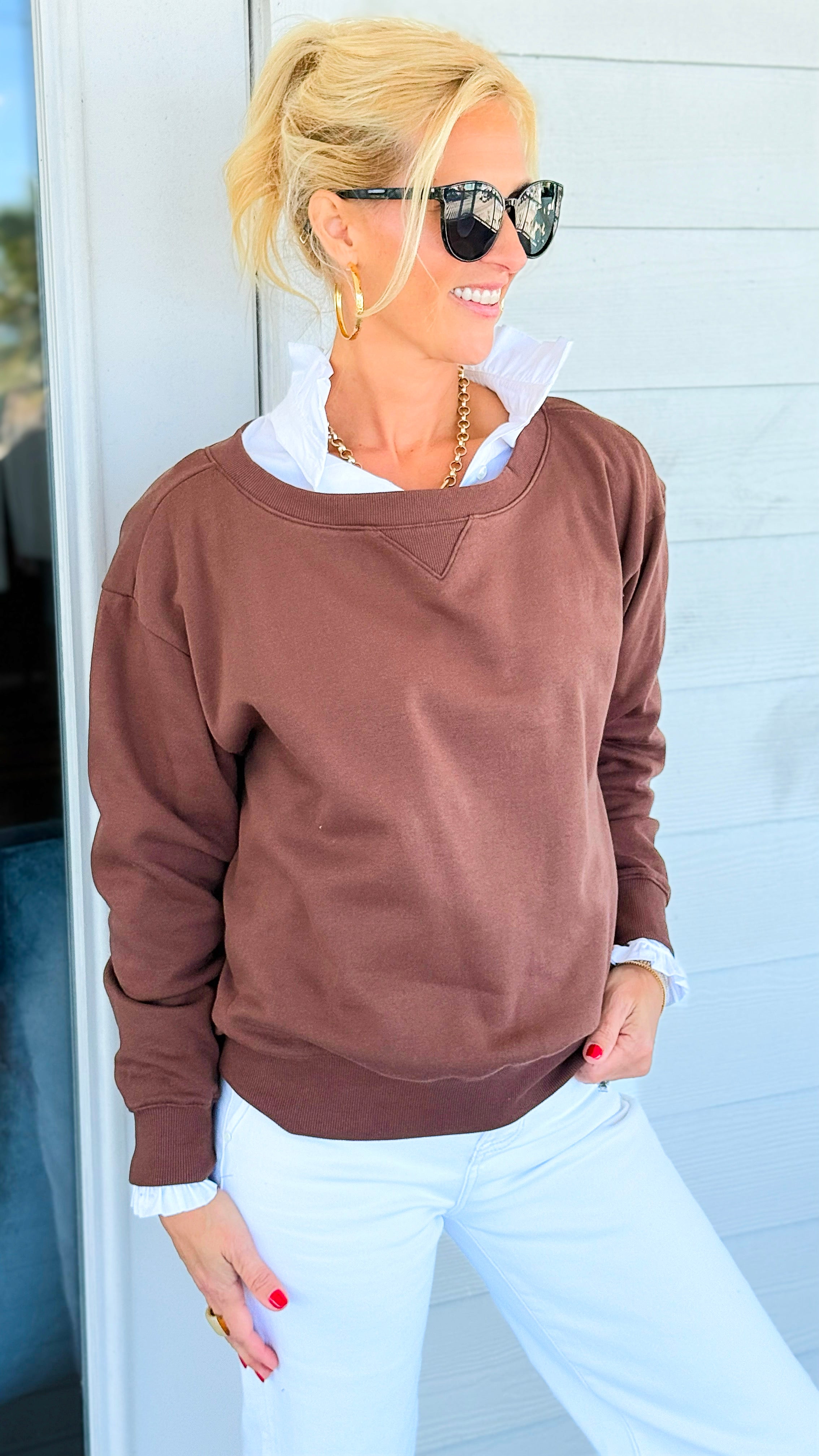 Off-Duty Boatneck Fleece Sweatshirt - Brown-110 Long Sleeve Tops-Zenana-Coastal Bloom Boutique, find the trendiest versions of the popular styles and looks Located in Indialantic, FL