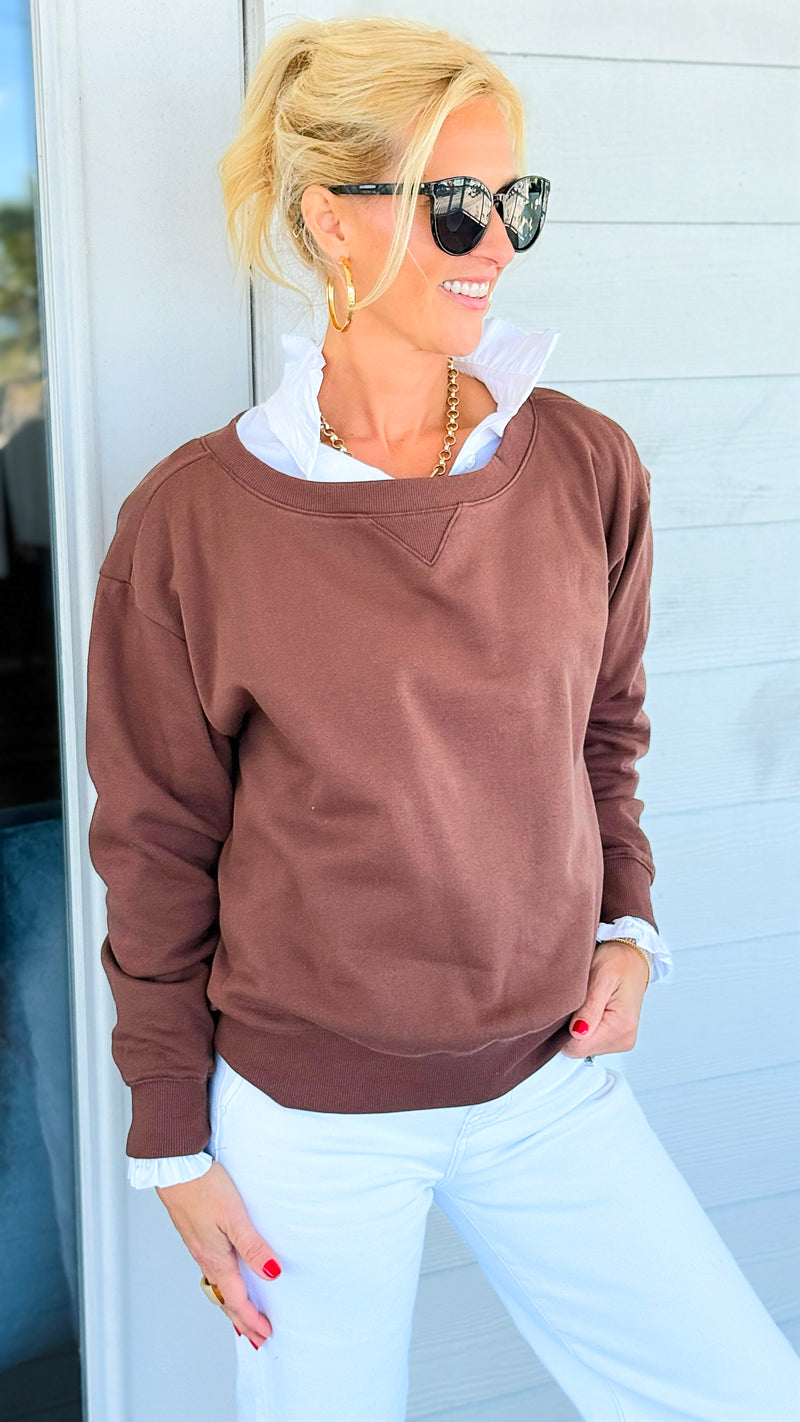 Off-Duty Boatneck Fleece Sweatshirt - Brown-110 Long Sleeve Tops-Zenana-Coastal Bloom Boutique, find the trendiest versions of the popular styles and looks Located in Indialantic, FL
