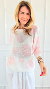 Noir Petals Short Sleeve Italian St Tropez Knit- Pink-140 Sweaters-Italianissimo-Coastal Bloom Boutique, find the trendiest versions of the popular styles and looks Located in Indialantic, FL