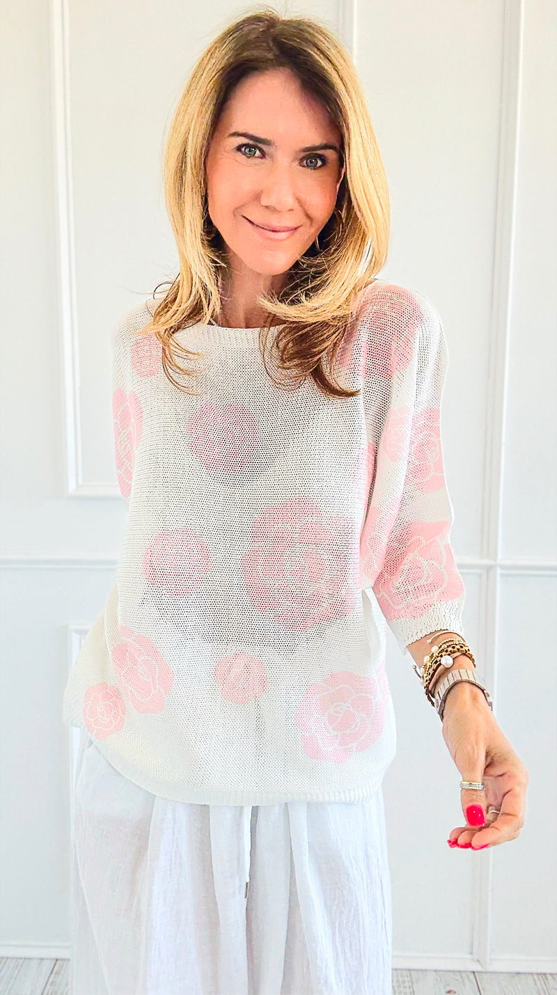 Noir Petals Short Sleeve Italian St Tropez Knit- Pink-140 Sweaters-Italianissimo-Coastal Bloom Boutique, find the trendiest versions of the popular styles and looks Located in Indialantic, FL