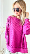 Brushed Checker Open Seam Sweatshirt-130 Long Sleeve Tops-BIBI-Coastal Bloom Boutique, find the trendiest versions of the popular styles and looks Located in Indialantic, FL