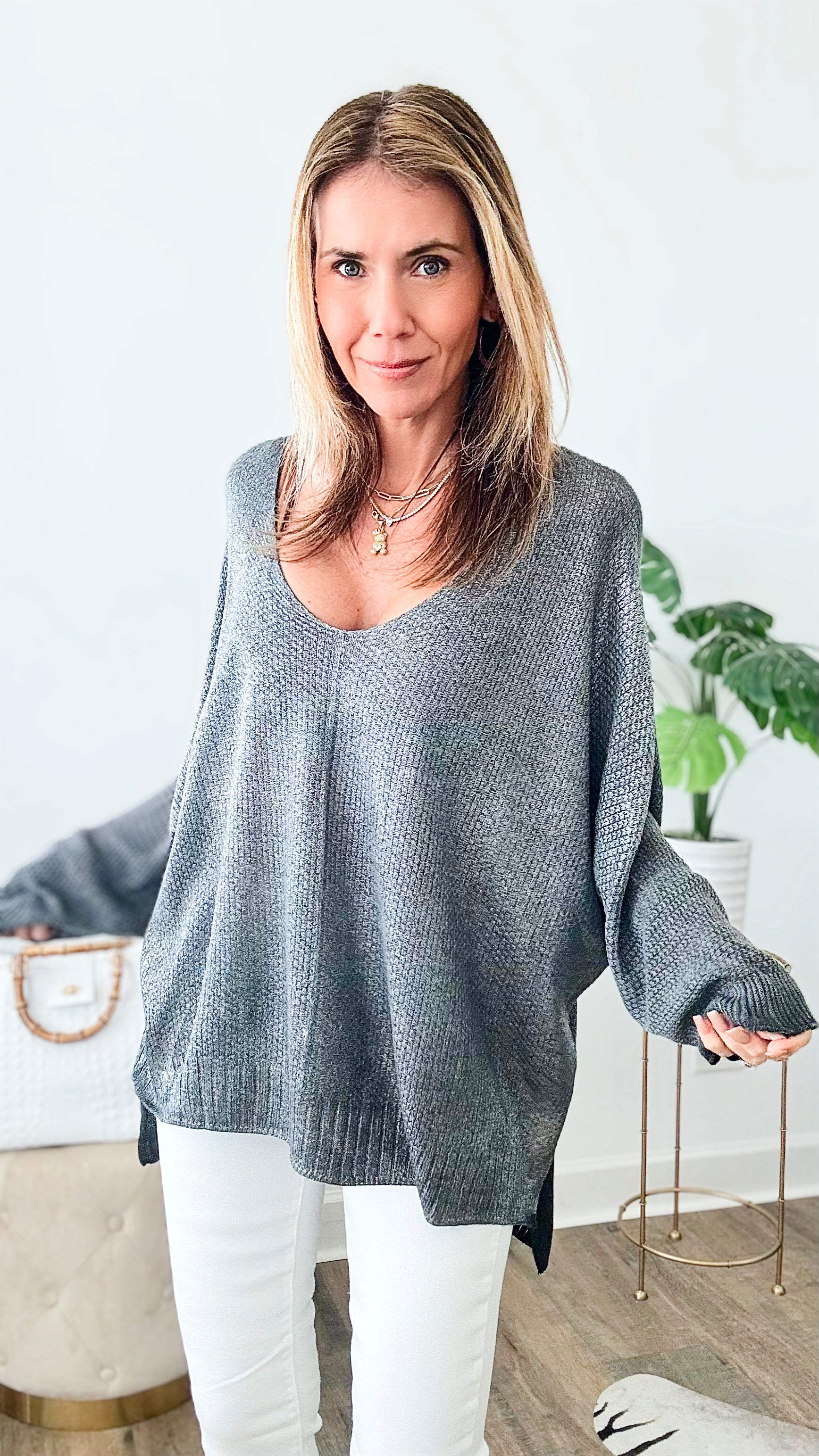 Shimmer Front Italian Sweater - Dark Grey-140 Sweaters-moda italia-Coastal Bloom Boutique, find the trendiest versions of the popular styles and looks Located in Indialantic, FL