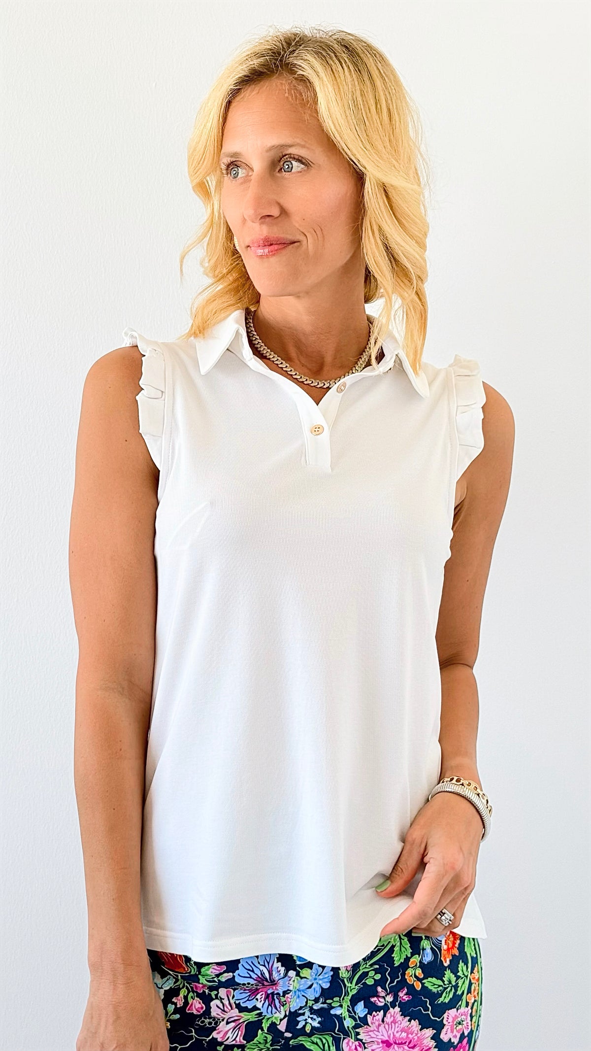 Ruffled Charm Polo Tank - White-100 Sleeveless Tops-ARYEH-Coastal Bloom Boutique, find the trendiest versions of the popular styles and looks Located in Indialantic, FL