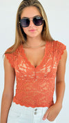 Lace Scallop Edges Top - Terracotta-110 Short Sleeve Tops-Heart&Hips-Coastal Bloom Boutique, find the trendiest versions of the popular styles and looks Located in Indialantic, FL