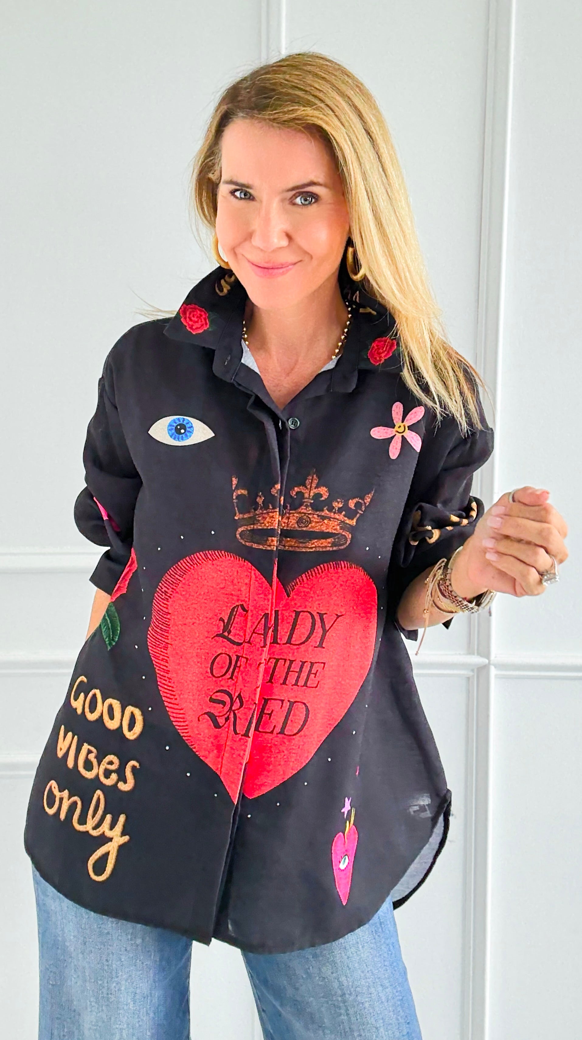 Roses Are Red Italian Blouse-110 Long Sleeve Tops-Italianissimo-Coastal Bloom Boutique, find the trendiest versions of the popular styles and looks Located in Indialantic, FL