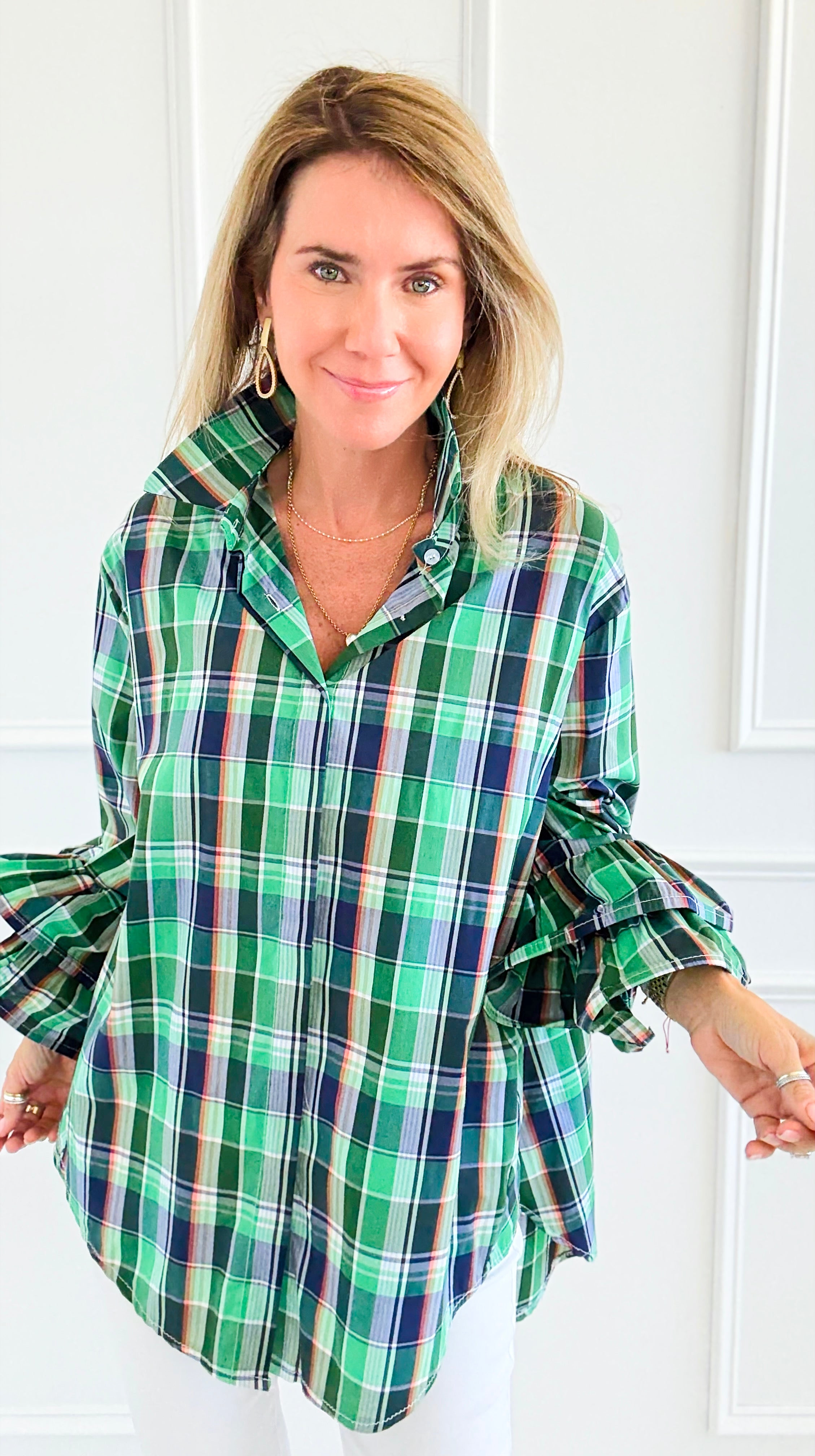 Tartan Ruffle Bell Sleeve Italian Blouse-170 Bottoms-TATTOO Z-Coastal Bloom Boutique, find the trendiest versions of the popular styles and looks Located in Indialantic, FL
