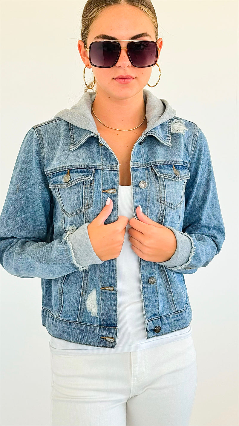 Distressed Hooded Denim Jacket-Grey-160 Jackets-Veracci-Coastal Bloom Boutique, find the trendiest versions of the popular styles and looks Located in Indialantic, FL