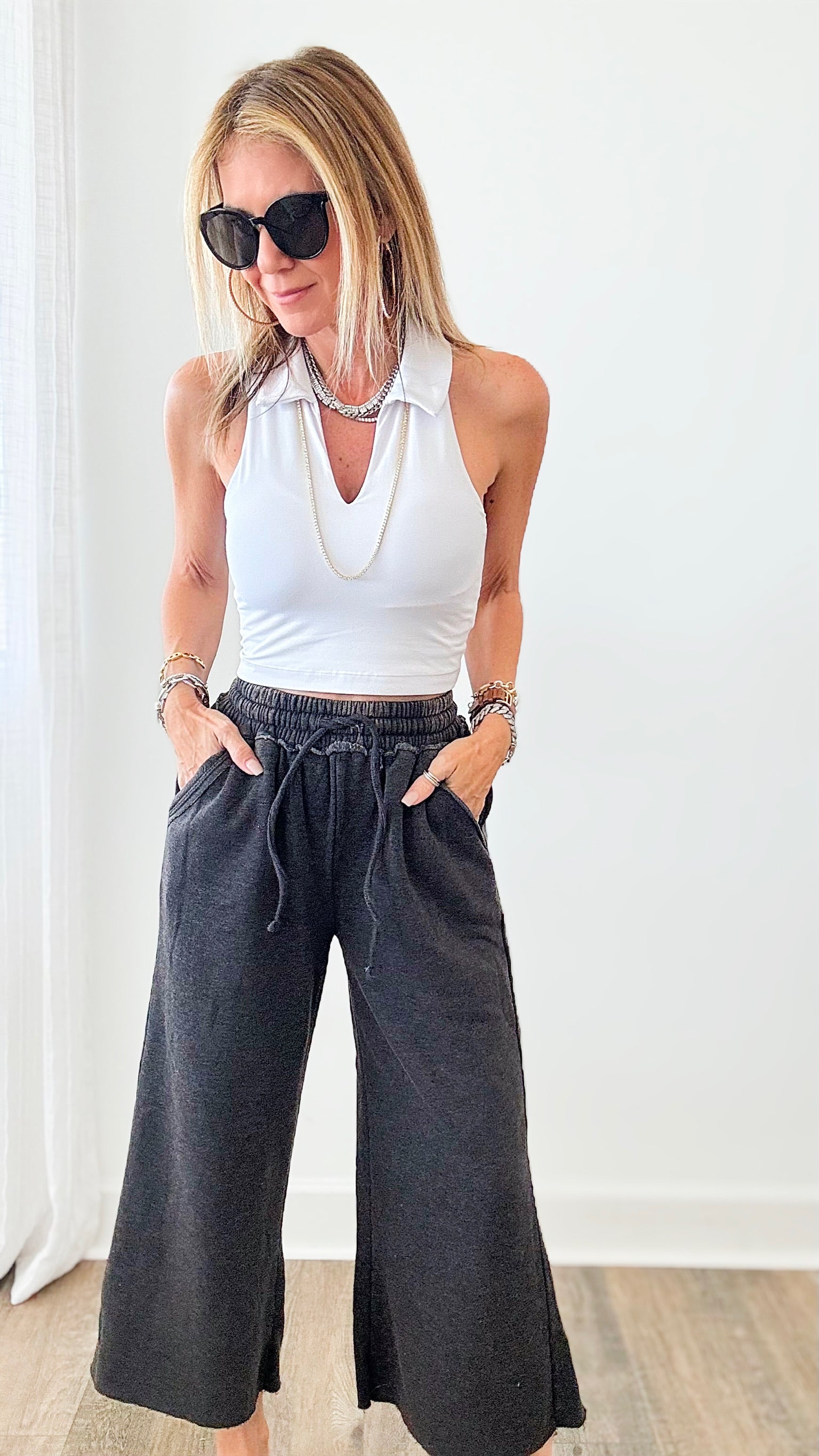 Acid Wash Fleece Palazzo Sweat Pants - Ash Black-170 Bottoms-Zenana-Coastal Bloom Boutique, find the trendiest versions of the popular styles and looks Located in Indialantic, FL