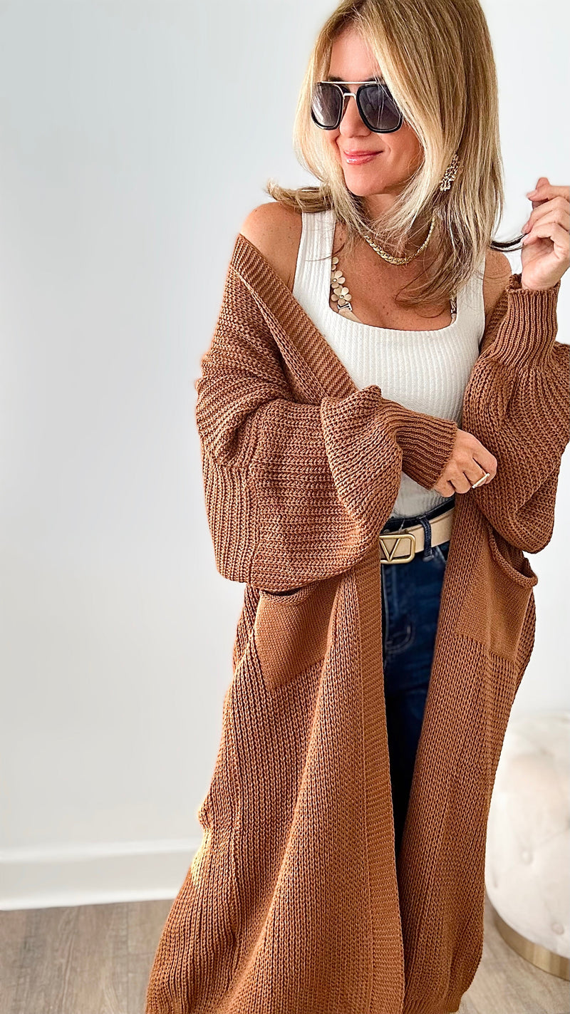 Sugar High Long Italian Cardigan- Deep Camel-150 Cardigans/Layers-Italianissimo-Coastal Bloom Boutique, find the trendiest versions of the popular styles and looks Located in Indialantic, FL