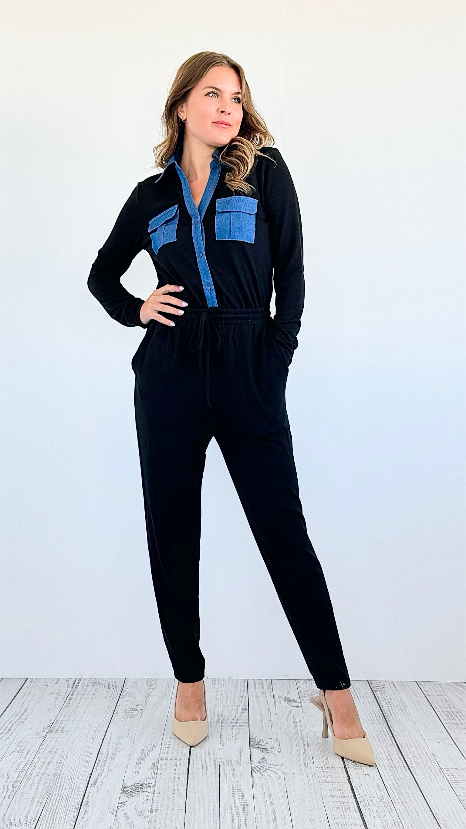 Denim Stroll Jumpsuit-200 Dresses/Jumpsuits/Rompers-DRESS DAY-Coastal Bloom Boutique, find the trendiest versions of the popular styles and looks Located in Indialantic, FL