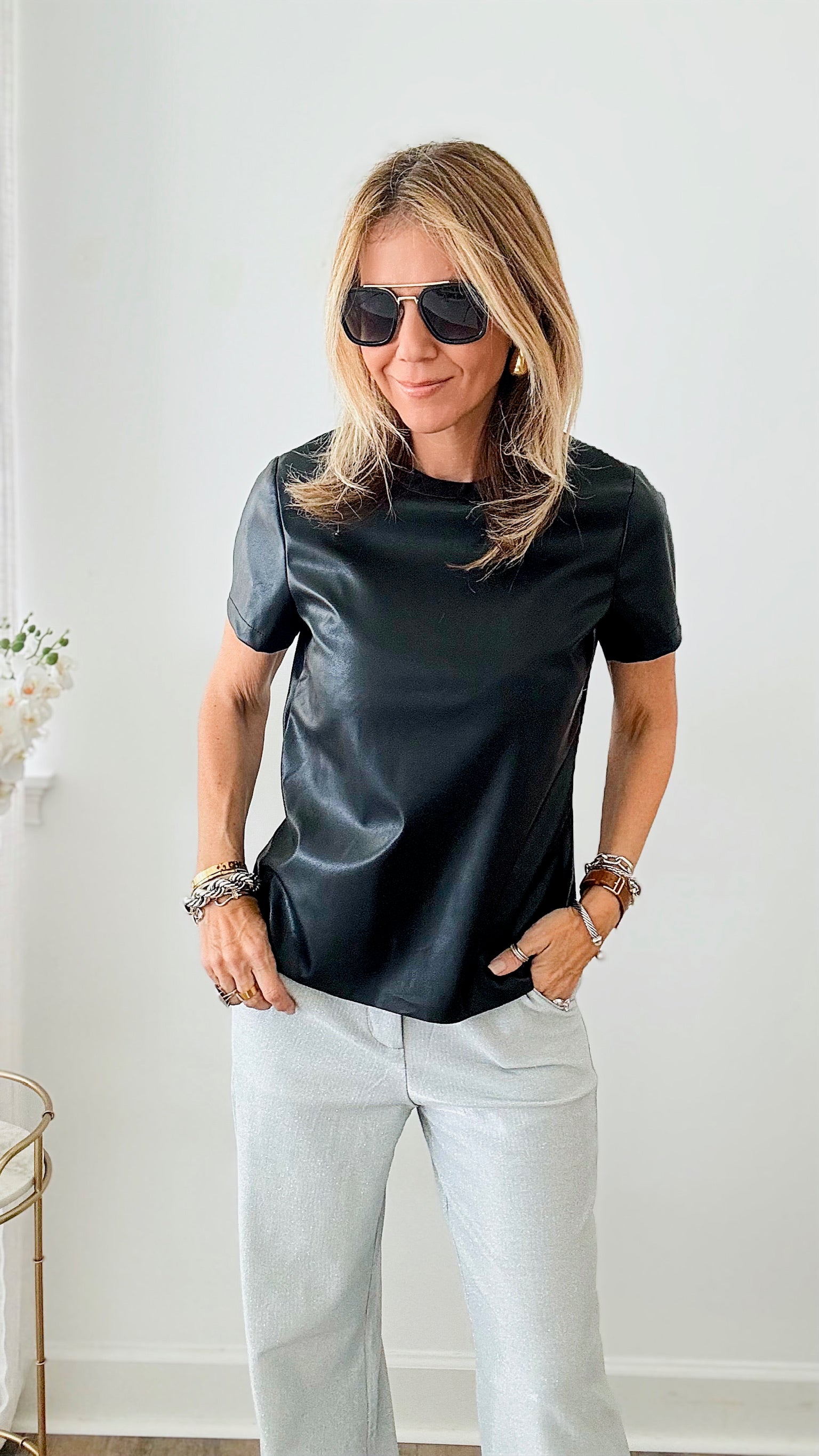 Vegan Leather T-Shirt - Black-150 Cardigan Layers-Dolce Cabo-Coastal Bloom Boutique, find the trendiest versions of the popular styles and looks Located in Indialantic, FL