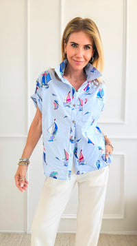 Marine Sailboat Print Top - Light Blue-110 Short Sleeve Tops-Easel-Coastal Bloom Boutique, find the trendiest versions of the popular styles and looks Located in Indialantic, FL