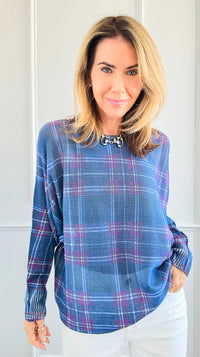 Festive Plaid St Tropez Italian Knit Sweater- Cobalt Blue-140 Sweaters-Italianissimo-Coastal Bloom Boutique, find the trendiest versions of the popular styles and looks Located in Indialantic, FL