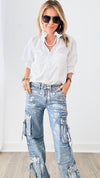 Metallic Wide Leg Denim Cargo Pants-170 Bottoms-Vibrant M.i.U-Coastal Bloom Boutique, find the trendiest versions of the popular styles and looks Located in Indialantic, FL