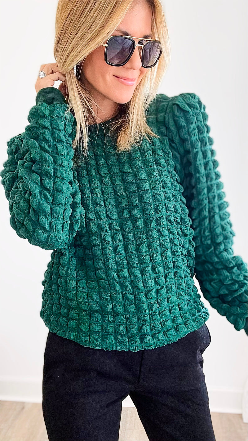 Puff Party Checkered Sweater - Emerald-130 Long Sleeve Tops-JODIFL-Coastal Bloom Boutique, find the trendiest versions of the popular styles and looks Located in Indialantic, FL