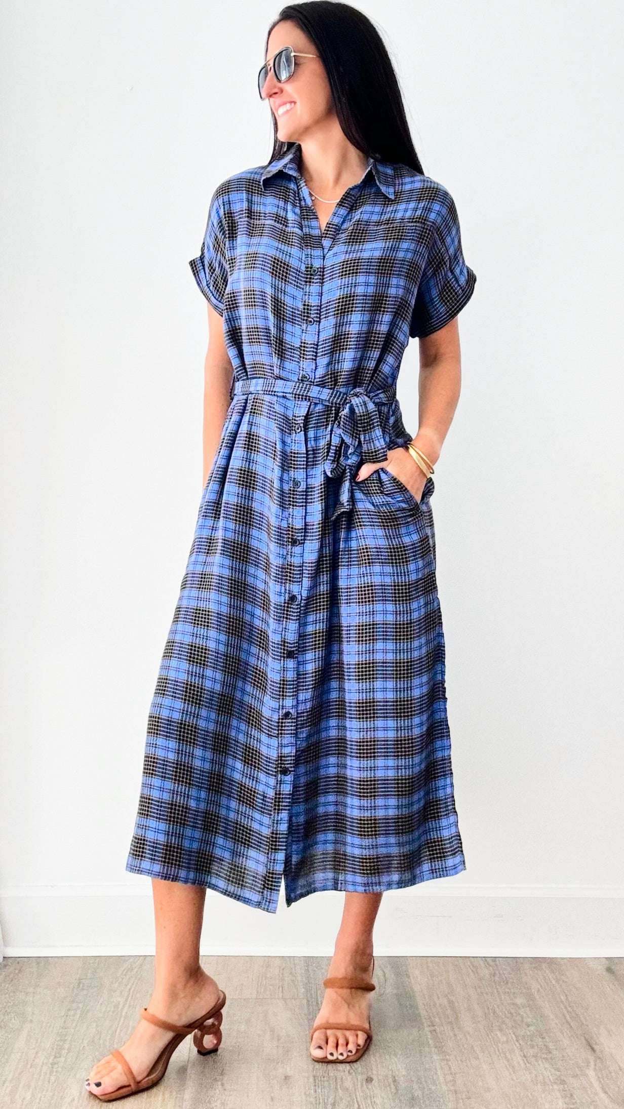 Indigo Plaid Button Down Dress-200 Dresses/Jumpsuits/Rompers-en creme-Coastal Bloom Boutique, find the trendiest versions of the popular styles and looks Located in Indialantic, FL