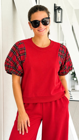 Plaid Sleeve Knit Top