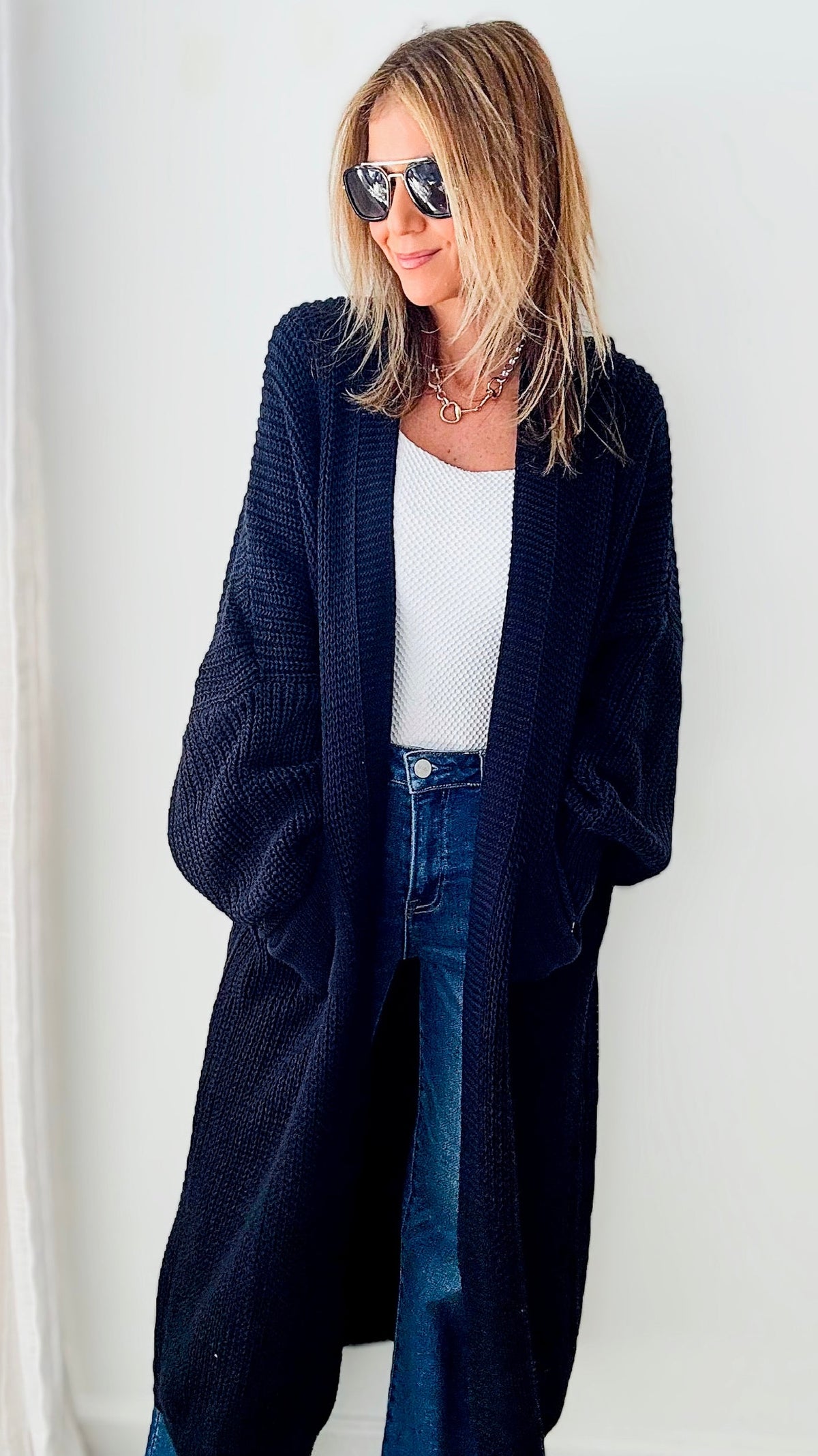 Sugar High Long Italian Cardigan - Navy-150 Cardigans/Layers-Italianissimo-Coastal Bloom Boutique, find the trendiest versions of the popular styles and looks Located in Indialantic, FL