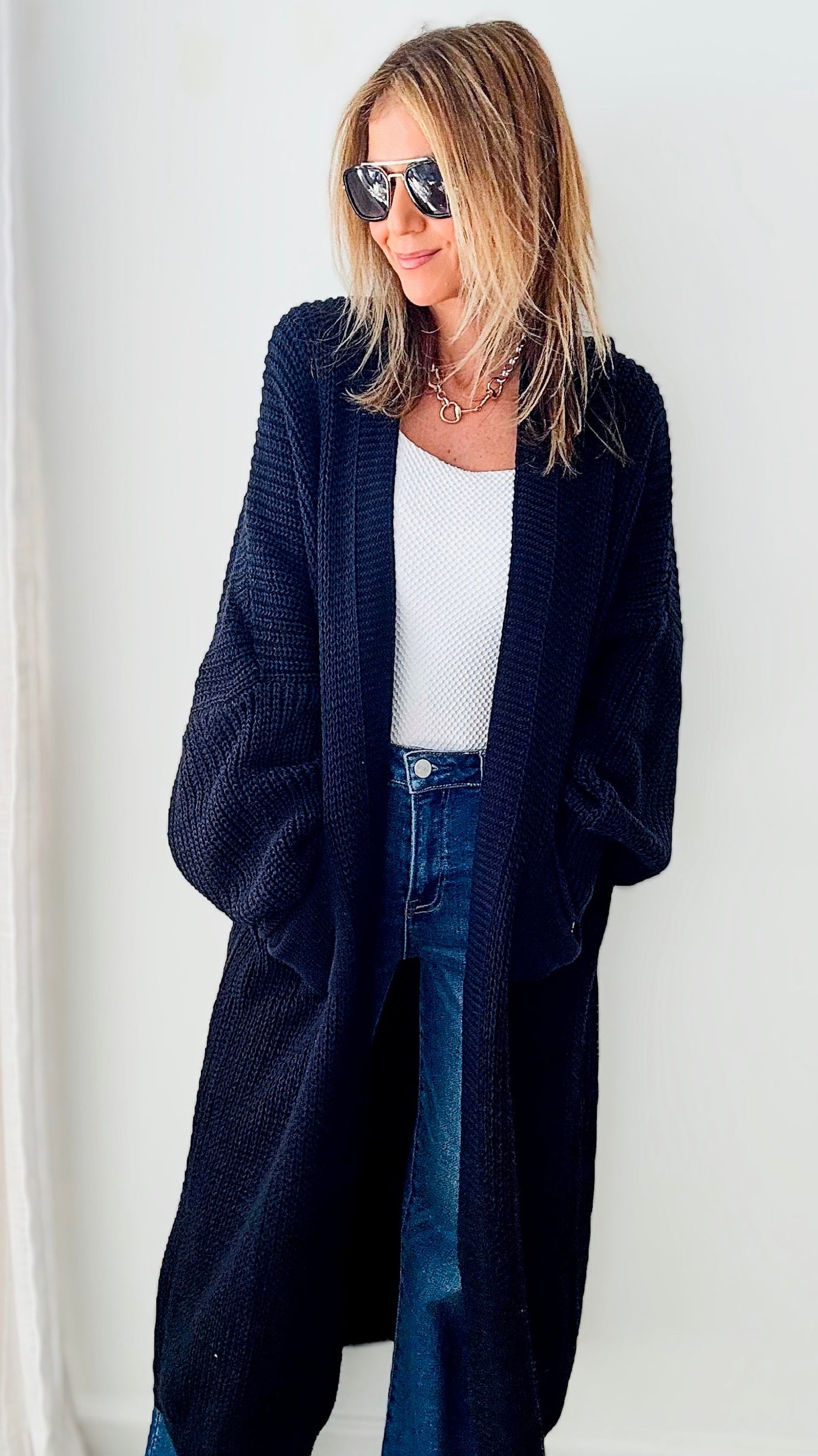 Sugar High Long Italian Cardigan - Navy-150 Cardigans/Layers-Italianissimo-Coastal Bloom Boutique, find the trendiest versions of the popular styles and looks Located in Indialantic, FL