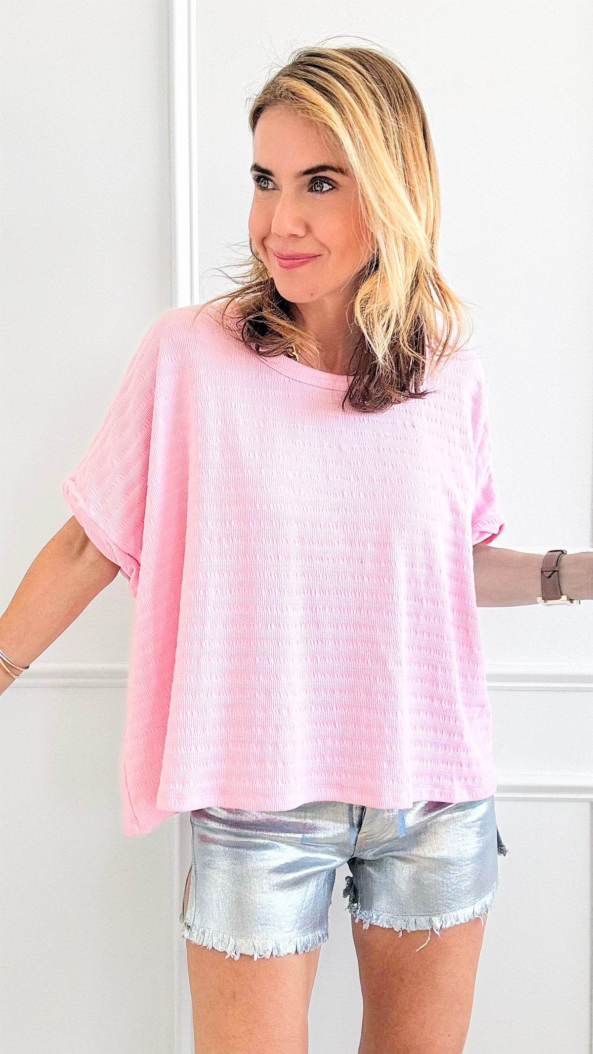 Textured Loose Fit Top - Pink-110 Short Sleeve Tops-EESOME-Coastal Bloom Boutique, find the trendiest versions of the popular styles and looks Located in Indialantic, FL