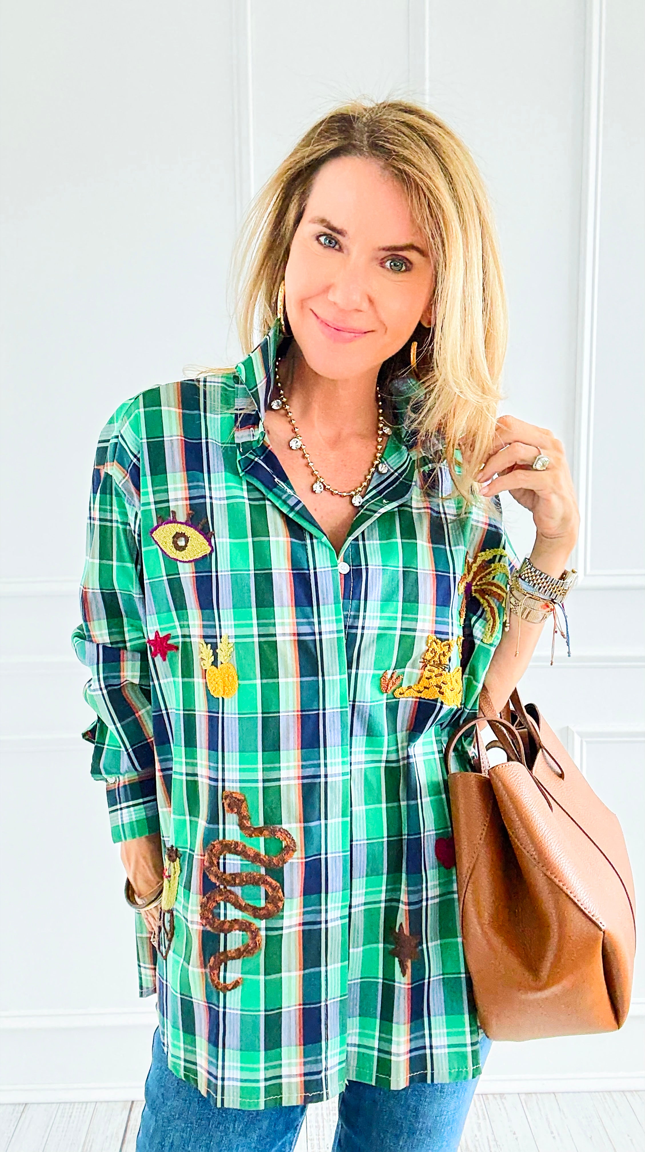 Desert Mirage Plaid Italian Blouse-Green-110 Long Sleeve Tops-TATTOO Z-Coastal Bloom Boutique, find the trendiest versions of the popular styles and looks Located in Indialantic, FL