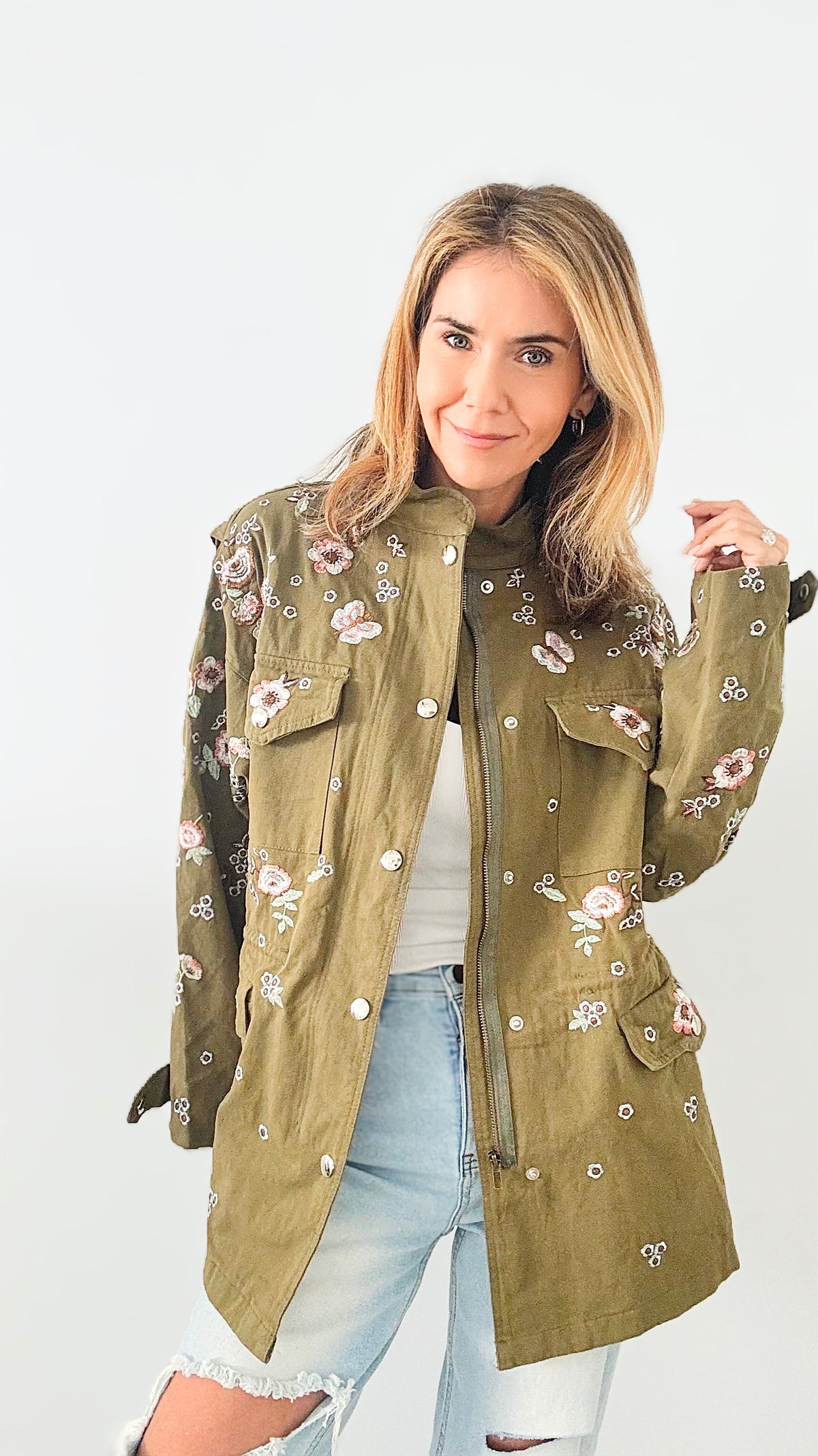 Primrose Embroidery Jacket-Army Green-160 Jackets-CBALY-Coastal Bloom Boutique, find the trendiest versions of the popular styles and looks Located in Indialantic, FL