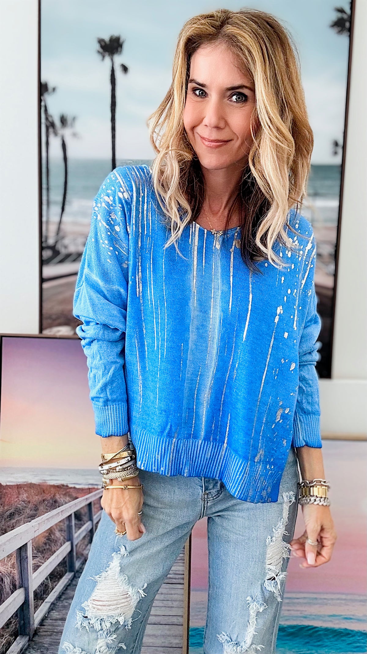 Silver Splatter Italian Sweater - Royal Blue-140 Sweaters-Look Mode-Coastal Bloom Boutique, find the trendiest versions of the popular styles and looks Located in Indialantic, FL