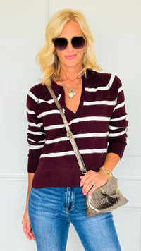Weekend Club Striped Polo Sweater - Burgundy-140 Sweaters-LOVE TREE-Coastal Bloom Boutique, find the trendiest versions of the popular styles and looks Located in Indialantic, FL