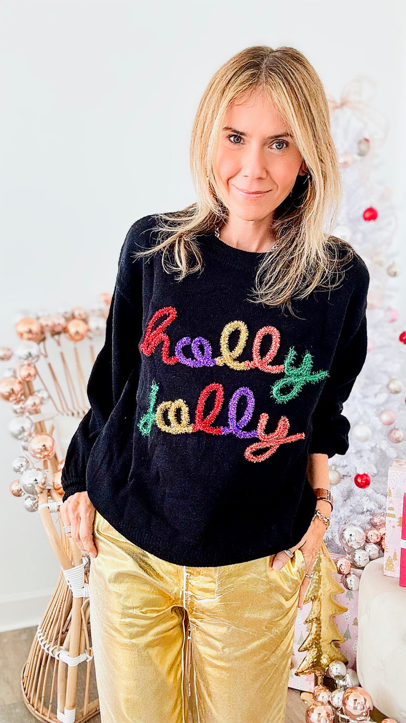 Holly Jolly Sweatshirt - Black Multi-130 Long Sleeve Tops-BIBI-Coastal Bloom Boutique, find the trendiest versions of the popular styles and looks Located in Indialantic, FL