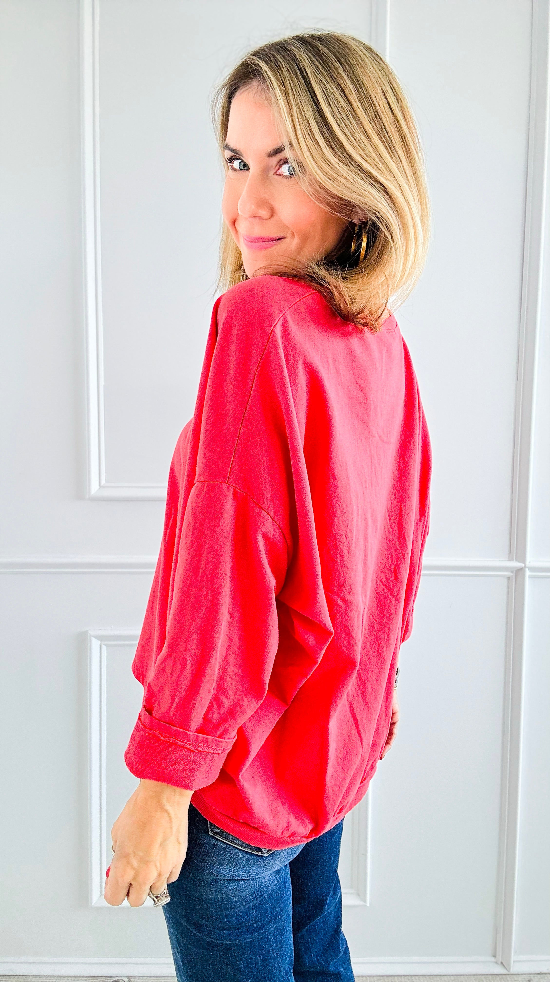 Metallic Foil Detailed Comfort Italian Pullover- Coral/Gold-140 Sweaters-Italianissimo-Coastal Bloom Boutique, find the trendiest versions of the popular styles and looks Located in Indialantic, FL