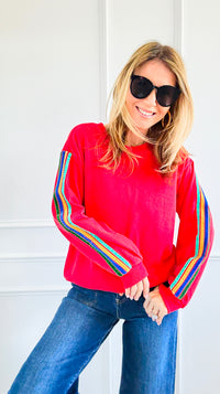 Rainbow Sleeve Statement Sweatshirt-110 Long Sleeve Tops-JODIFL-Coastal Bloom Boutique, find the trendiest versions of the popular styles and looks Located in Indialantic, FL