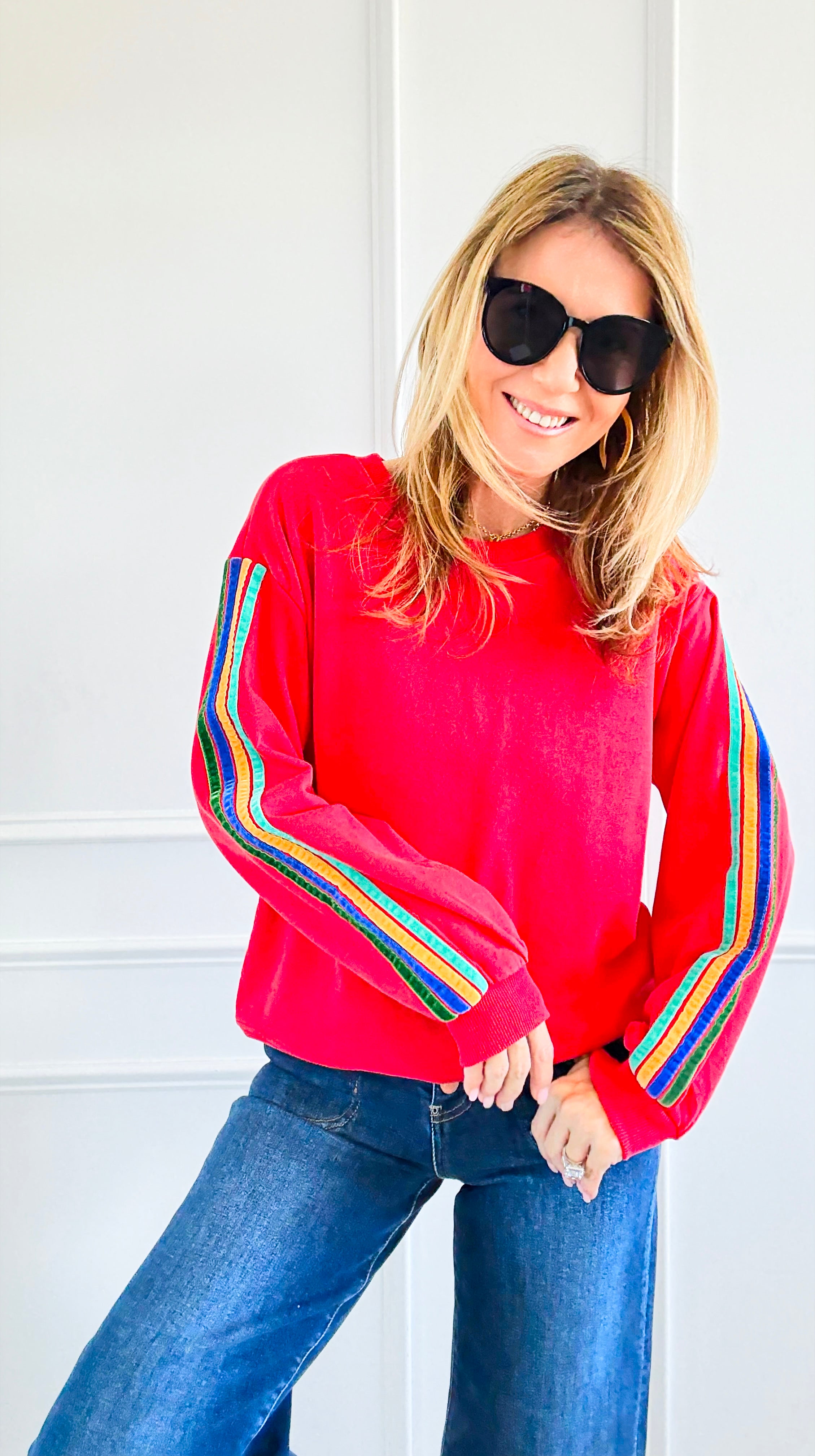 Rainbow Sleeve Statement Sweatshirt-110 Long Sleeve Tops-JODIFL-Coastal Bloom Boutique, find the trendiest versions of the popular styles and looks Located in Indialantic, FL